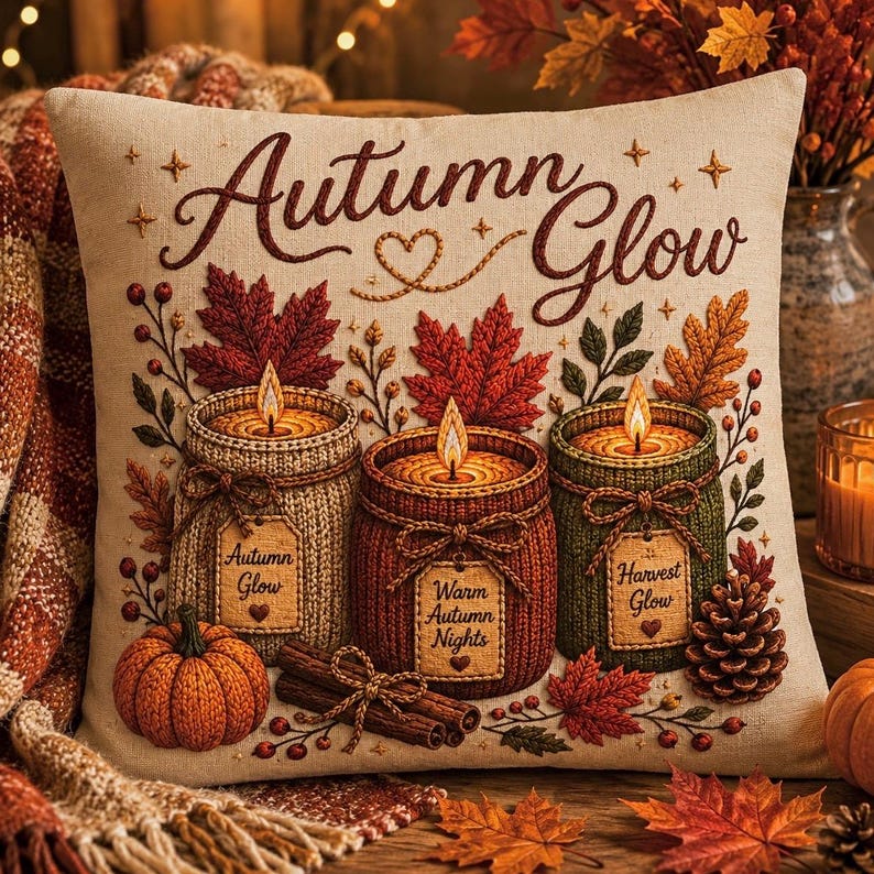 Autumn Glow Candles Pillowcase | Beige Fall Throw Pillowcase | Cozy Farmhouse Autumn Home Decor| Candle pillow cover| Fall pillow case gift