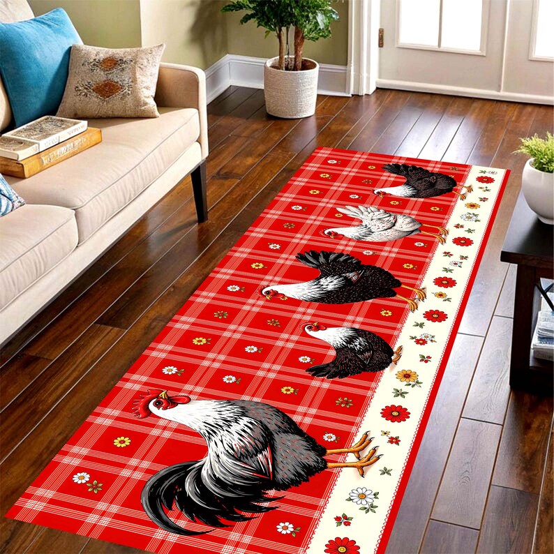 Rooster Chicken Runner Rug: Farmhouse Red Plaid Kitchen Carpet, Non-Slip Machine-Washable