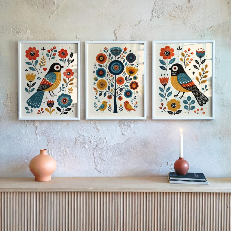 Scandinavian Folk Art Bird Prints, Whimsical Nursery Wall Art Set of 3, Playful Hygge Pattern Poster, Nordic Floral Panels, Rosemaling Decor