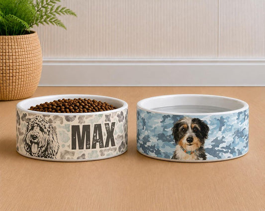 Personalized Pet Camouflage Bowl With Pet Name Photo, Custom Ceramic Dog Food Water Bowl, Custom Hunting Camo Portrait Feeding Bowl