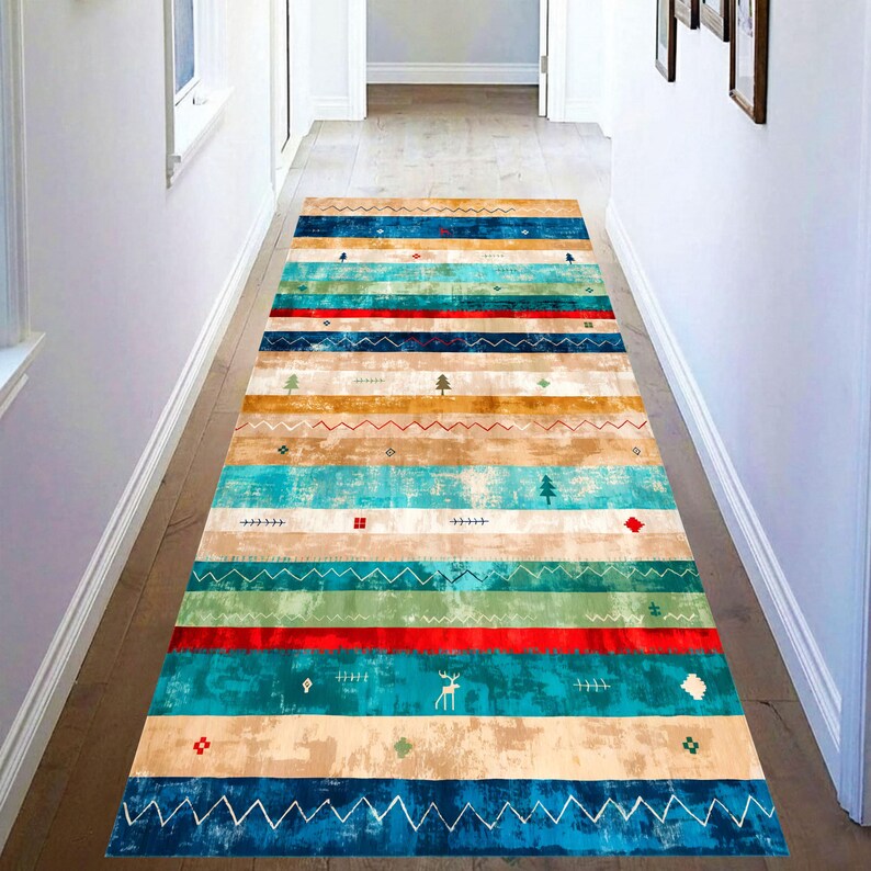 Southwestern Printed Runner Rug: Turquoise Striped Hallway Carpet, Machine-Washable Non-Slip
