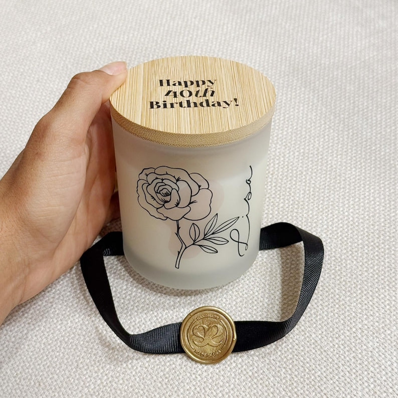 Personalized Birth Flower Candle, Printed Glass, Custom Name Gift for Her, Mom, Sister, Daughter