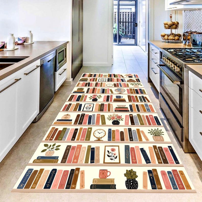 Bookshelf Runner Rug: Library Books Hallway Carpet, Non-Slip Machine-Washable