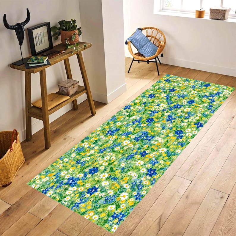 Wildflower Runner Rug: Daisy Meadow Carpet, Non-Slip Machine-Washable