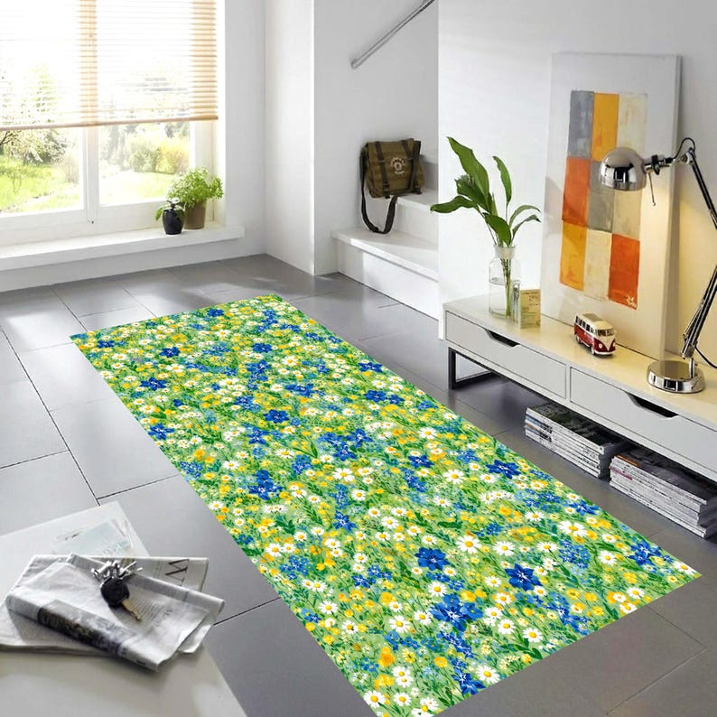 Wildflower Runner Rug: Daisy Meadow Carpet, Non-Slip Machine-Washable