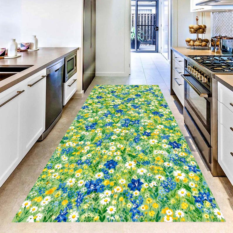 Wildflower Runner Rug: Daisy Meadow Carpet, Non-Slip Machine-Washable