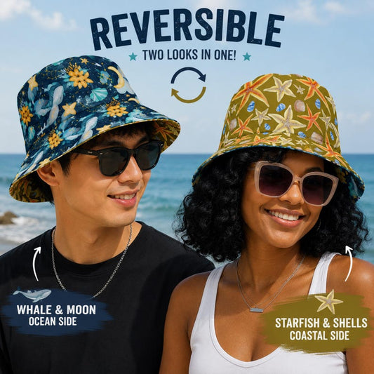 Coastal Whale Bucket Hat, Starfish Reversible Whale Hat, Oceancore Beach Hat, Sea Life Sun Hat, Summer Bucket Hat Women Men, Nautical Hat