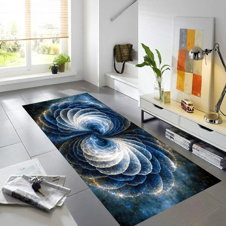 Blue Galaxy Runner Rug: Abstract Spiral Carpet, Machine-Washable Non-Slip