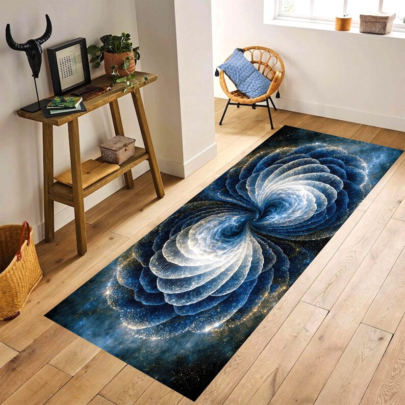 Blue Galaxy Runner Rug: Abstract Spiral Carpet, Machine-Washable Non-Slip