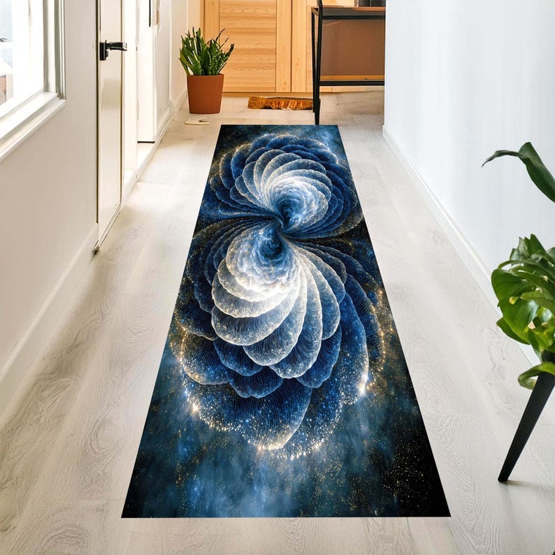 Blue Galaxy Runner Rug: Abstract Spiral Carpet, Machine-Washable Non-Slip
