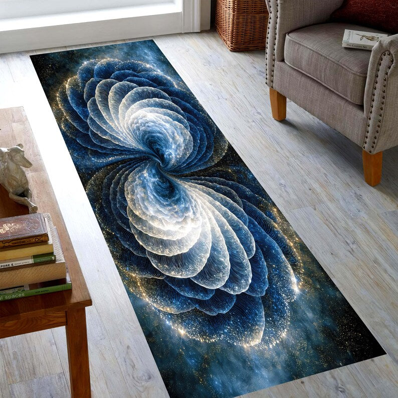 Blue Galaxy Runner Rug: Abstract Spiral Carpet, Machine-Washable Non-Slip