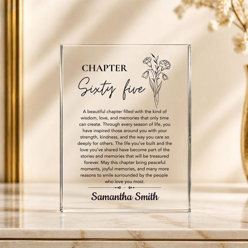 65th Birthday Gift for Women, Birth Flower Gifts Personalized Acrylic Plaque, Custom Chapter 65 Birthday Keepsake for Mom Grandma Friend