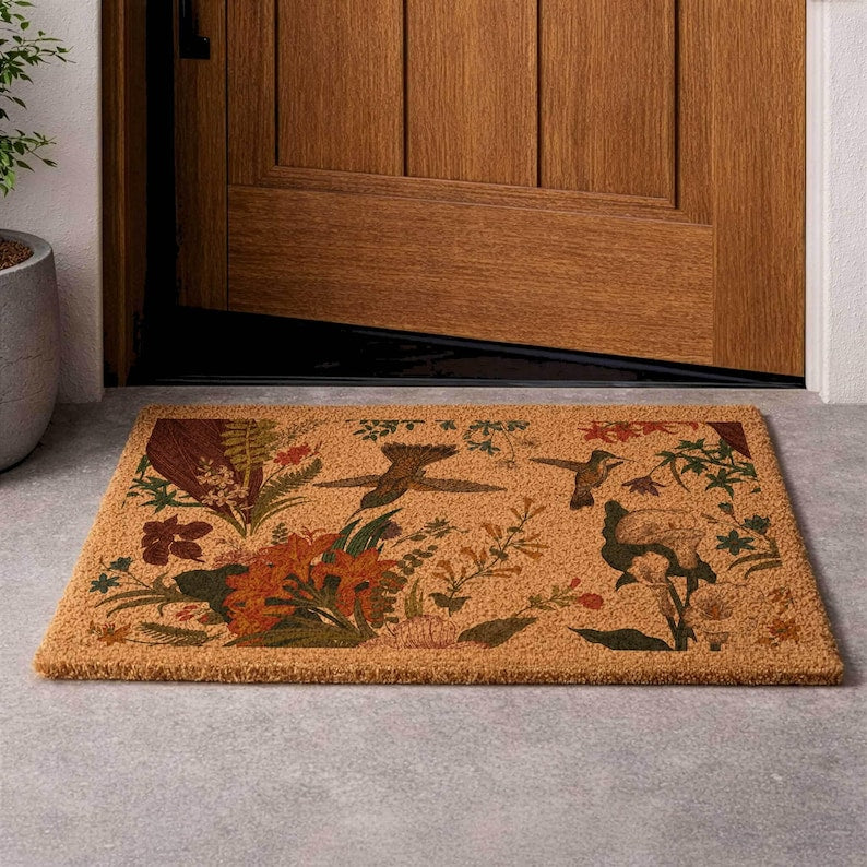 Hummingbird Welcome Mat: Floral Coir Door Rug (Custom Sizes Available)