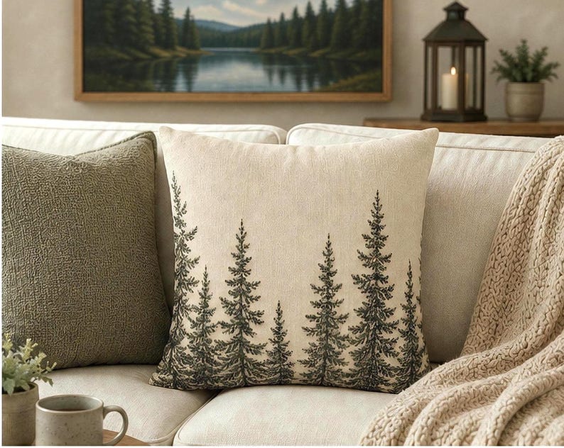 Pine Tree Pillow Cover, Rustic Cabin Chic Throw Pillowcase, Woodland Forest Lodge Home Decor, Cabincore Cushion Case Cozy Lake House Gift