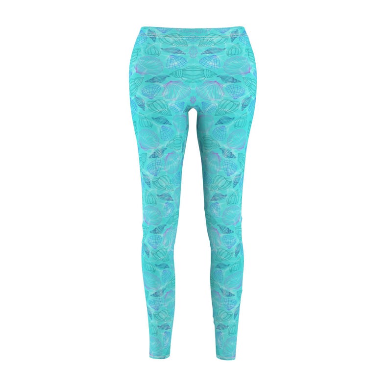 Beach Shell Leggings for Women, Coastal Seashell Yoga Pants, Ocean Blue Mid Rise Leggings, Beach Vacation Outfit, Matching Tee