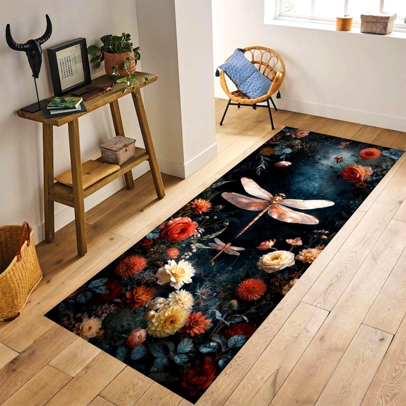 Dragonfly Floral Runner Rug: Moody Dark Botanical Carpet, Non-Slip Machine-Washable