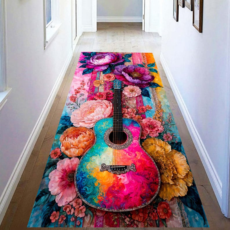 Colorful Guitar Runner Rug: Floral Music Hallway Carpet, Non-Slip Machine-Washable