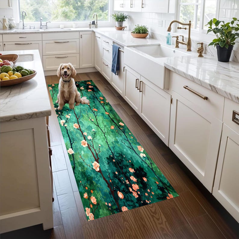 Green Blossom Runner Rug: Forest Branch Floral Hallway Carpet, Non-Slip Machine-Washable