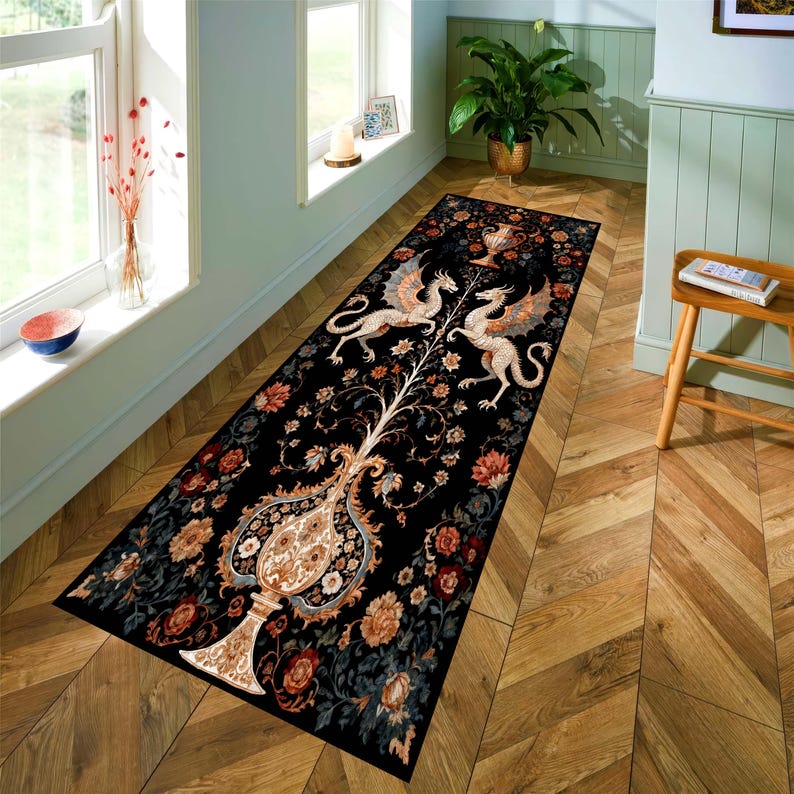Twin Dragon Printed Runner Rug: Gothic Medieval Fantasy Floral Hallway Carpet, Non-Slip Machine-Washable