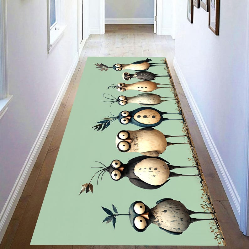 Whimsical Bird Runner Rug: Mint Green Quirky Owl Hallway Carpet, Non-Slip Machine-Washable