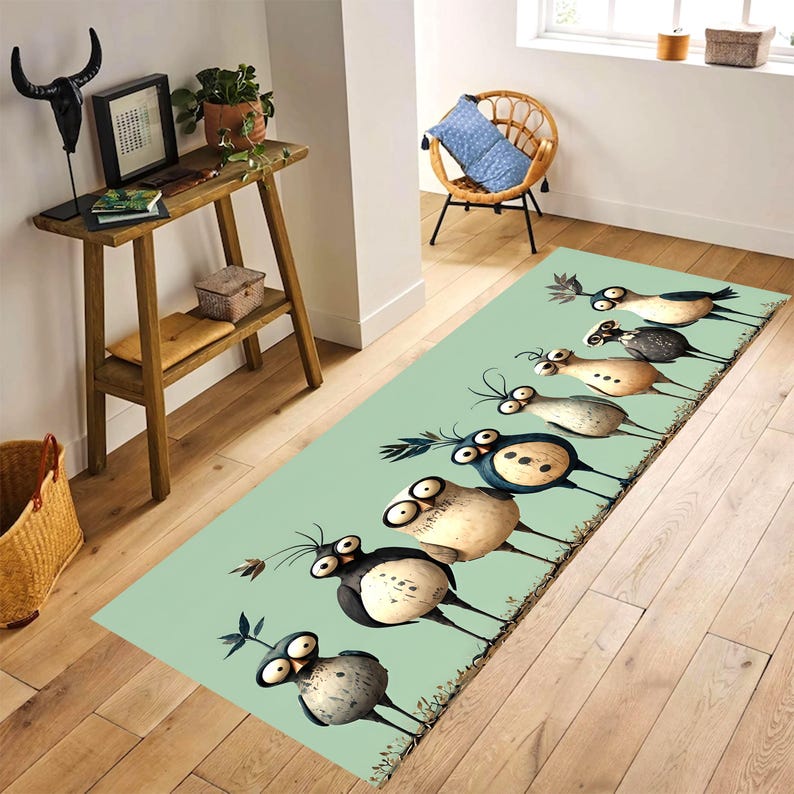 Whimsical Bird Runner Rug: Mint Green Quirky Owl Hallway Carpet, Non-Slip Machine-Washable