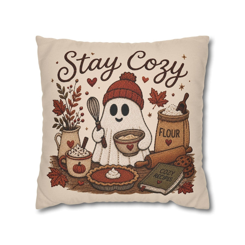 Stay Cosy Ghost Pillowcase | Beige Halloween Throw Pillowcase | Cute Spooky Fall Home Decor| Spooky season decor| Baking ghost pillowcase