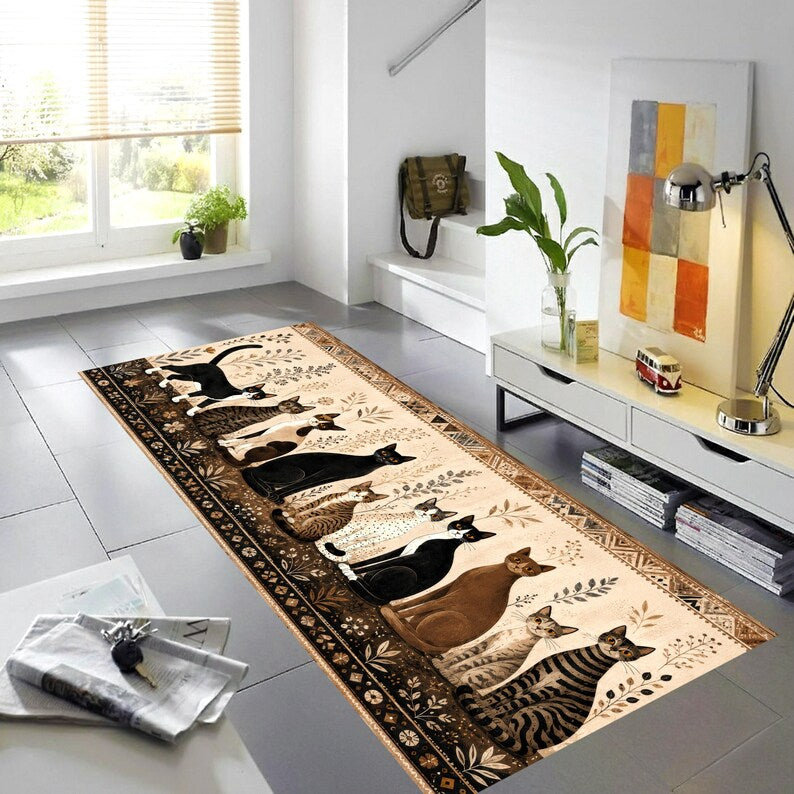 Whimsical Cat Runner Rug: Folk Art Feline Hallway Carpet, Non-Slip Machine-Washable