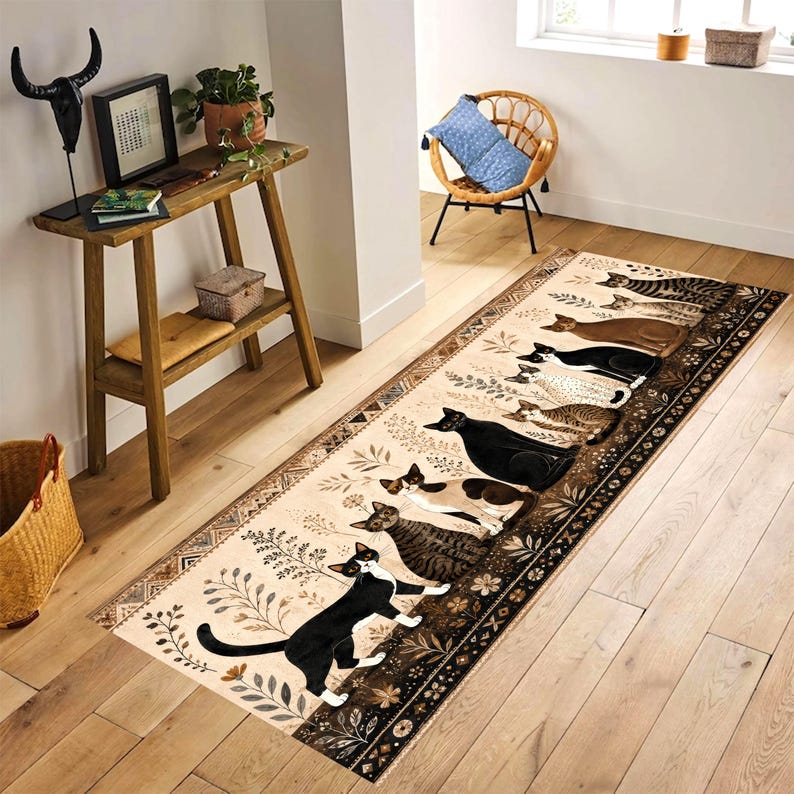 Whimsical Cat Runner Rug: Folk Art Feline Hallway Carpet, Non-Slip Machine-Washable