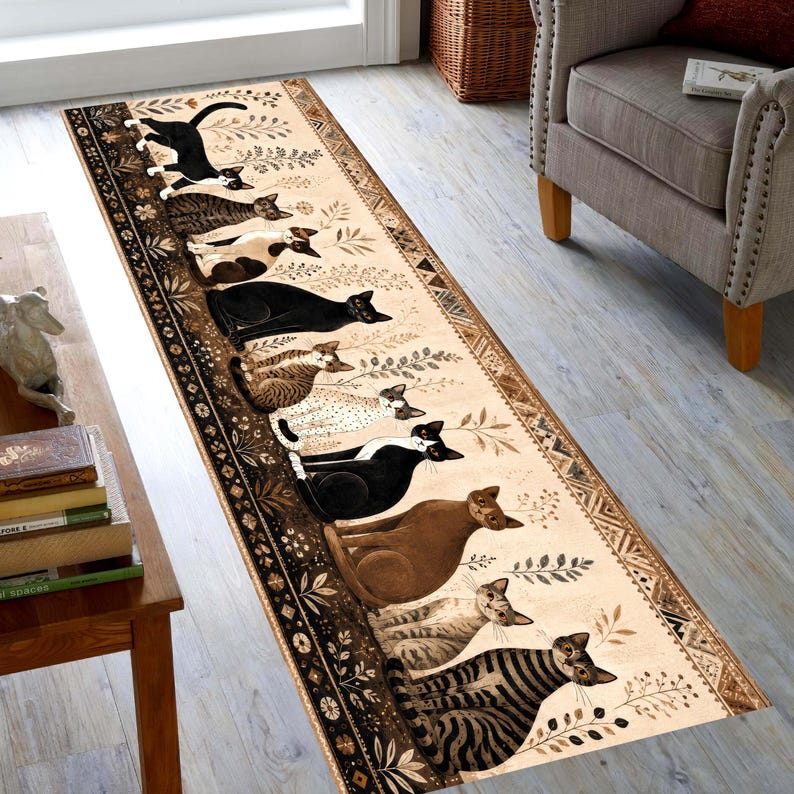 Whimsical Cat Runner Rug: Folk Art Feline Hallway Carpet, Non-Slip Machine-Washable