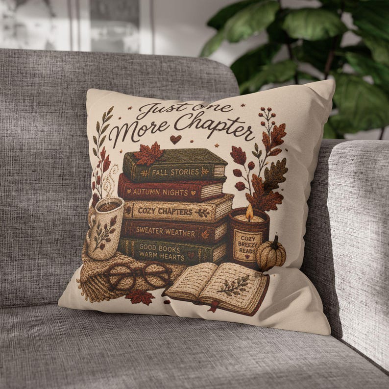 Just One More Chapter Pillowcase |Beige Bookish Throw Pillow cover | Cozy Reading Room Decor|Fall decor| Bookish pillowcase| Book lover gift