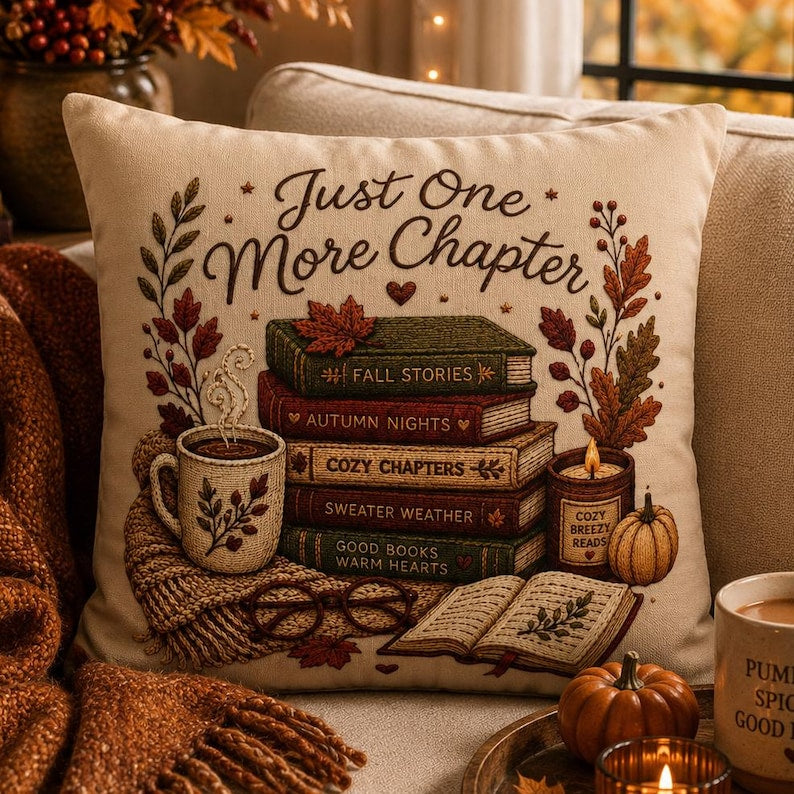 Just One More Chapter Pillowcase |Beige Bookish Throw Pillow cover | Cozy Reading Room Decor|Fall decor| Bookish pillowcase| Book lover gift