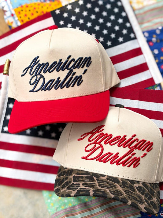 American Darlin’ Trucker Hat - Patriotic Red White & Blue Hat - Embroidered Summer Cap - Leopard Print Americana Style