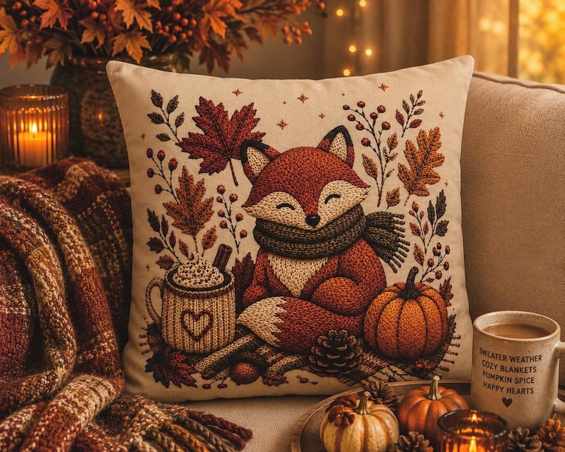 Cosy Fox Pillowcase | Beige Woodland Throw Pillowcase | Cute Autumn Farmhouse Home Decor| Fall pillow cover| Fall leaves and animal decor
