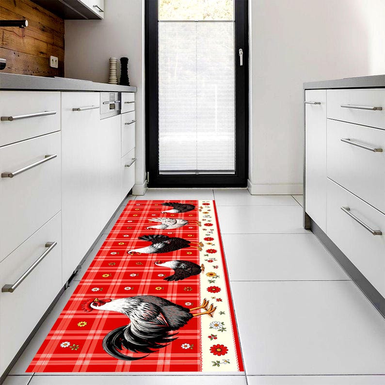 Rooster Chicken Runner Rug: Farmhouse Red Plaid Kitchen Carpet, Non-Slip Machine-Washable