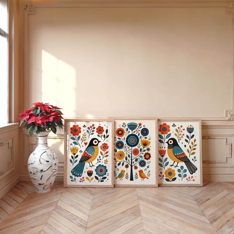 Scandinavian Folk Art Bird Prints, Whimsical Nursery Wall Art Set of 3, Playful Hygge Pattern Poster, Nordic Floral Panels, Rosemaling Decor