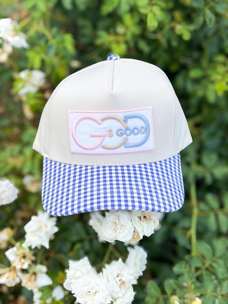 God Is Good Gingham Pattern Trucker Hat - Christian Embroidered Trucker Hat - Faith-Based Preppy Gingham Brim
