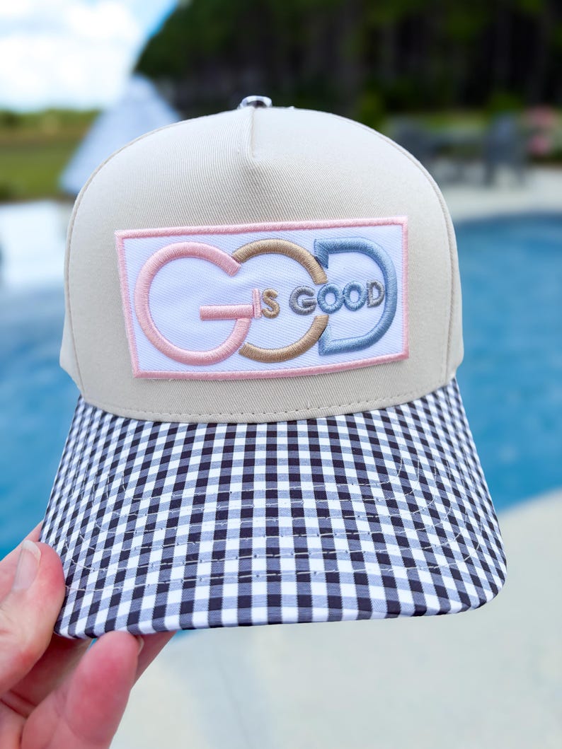 God Is Good Gingham Pattern Trucker Hat - Christian Embroidered Trucker Hat - Faith-Based Preppy Gingham Brim