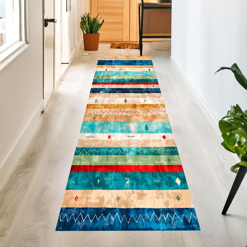 Southwestern Printed Runner Rug: Turquoise Striped Hallway Carpet, Machine-Washable Non-Slip