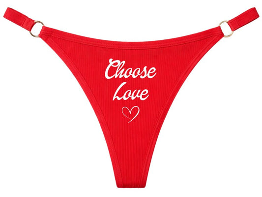 Red Ribbed Thong with "Choose Love" Heart Graphic – Low Rise Lingerie