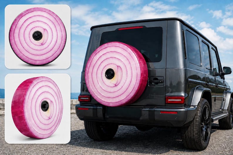 Red Onion Spare Tire Cover β Vegetable Protector for Jeep, SUV, RV (Backup Camera Hole)