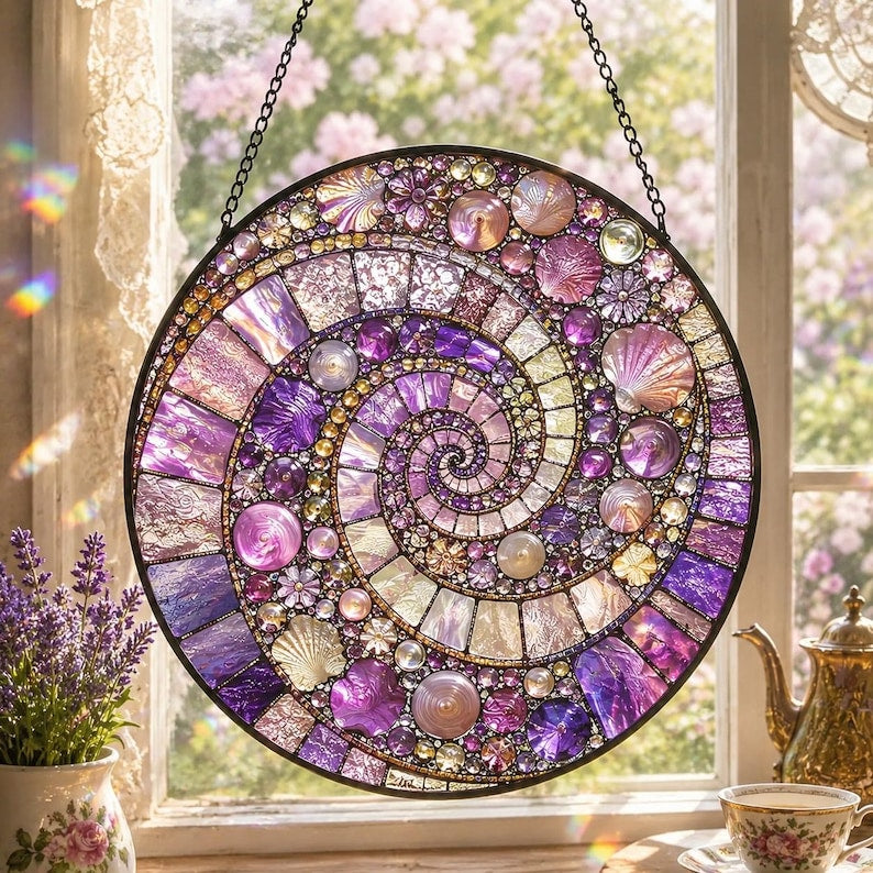 Stained Glass Spiral Suncatcher, Mosaic Rainbow Art Decor, Boho Window Hanging (Gift Option)