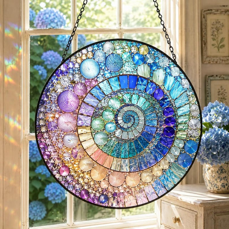 Spiral Mosaic Suncatcher, Mandala Window Hanging, Rainbow Glass Art, Boho Decor