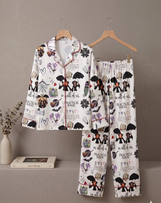 Satin Pajama Set Women, Witchy Botanical Print Sleepwear, Halloween Nightwear
