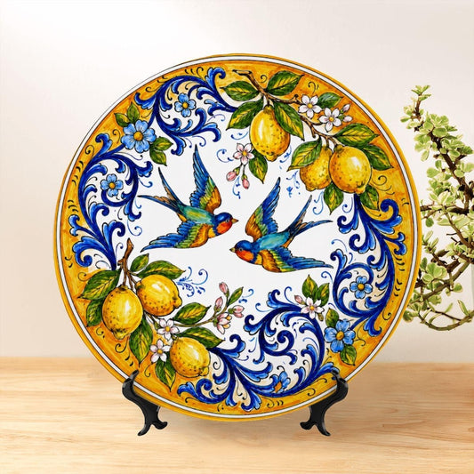 Italian Floral Bird Design Display Plate Inspired by Traditional Sicilian Majolica Decor