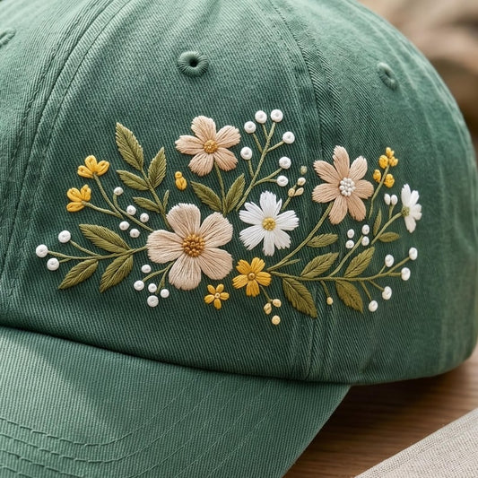 Hand Embroidered Cotton Baseball Cap, Floral Garden Sun Hat