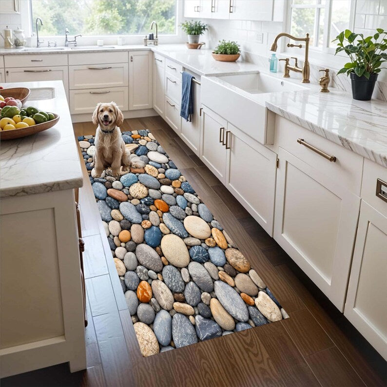 Pebble Stone Runner Rug: River Rock Kitchen Carpet, Non-Slip Machine-Washable
