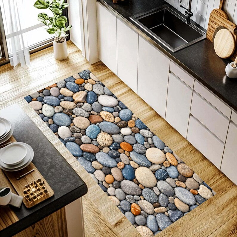 Pebble Stone Runner Rug: River Rock Kitchen Carpet, Non-Slip Machine-Washable