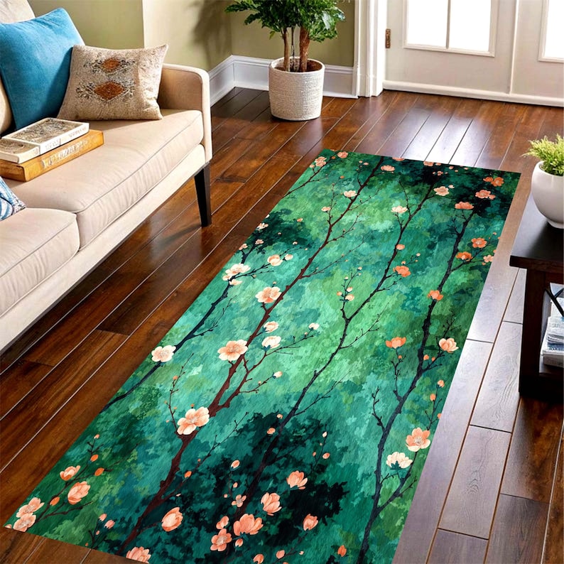 Green Blossom Runner Rug: Forest Branch Floral Hallway Carpet, Non-Slip Machine-Washable