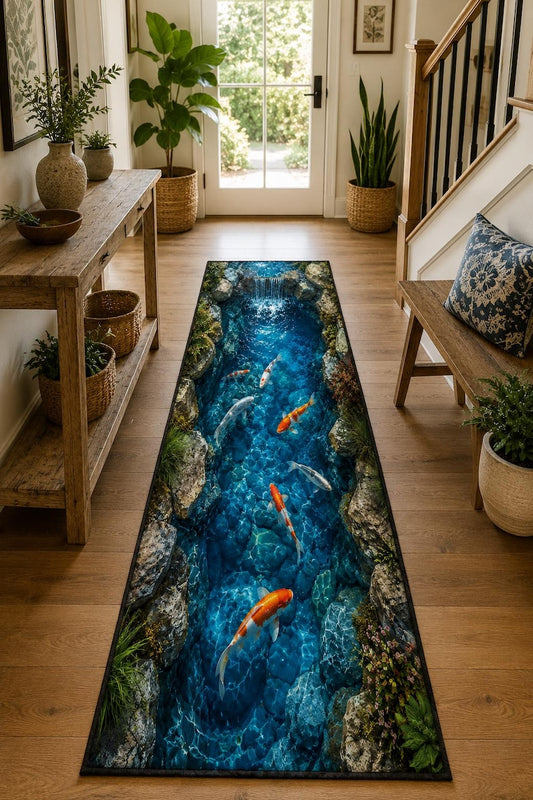 3D Waterfall Koi Fish Runner Rug, Optical Illusion Landscaper