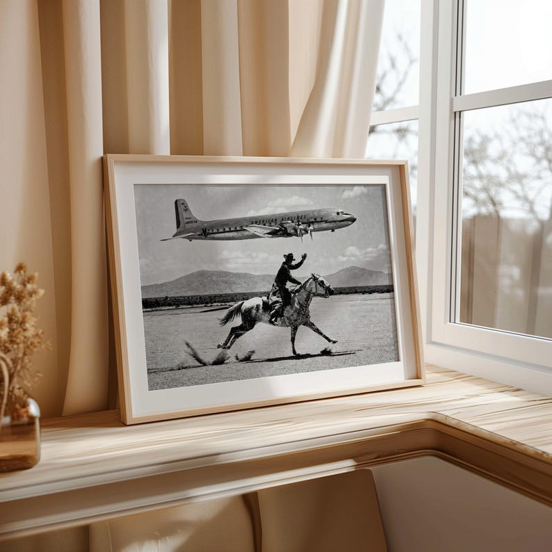 Vintage Cowboy Print, American Airlines Wall Art, 1950s Airplane Photo Poster, Black and White Western Decor, Mid Century Horseback Canvas